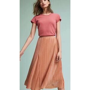 Anthropologie Maeve Peach/Gold Metallic Pleated Midi Skirt Size Medium